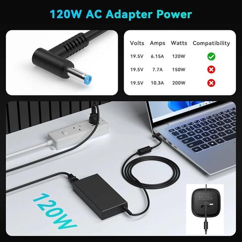 سلك إمداد طاقة USB-C بقوة 120 واط G5 متوافق مع محطة إرساء HP G5 5TW10UT 5TW10AA 5TW10AA#ABB 5TW10UT#ABA G4 4J0A2AA USB-C/A Universal Dock G2 5TW13AA شاحن محول طاقة للكمبيوتر المحمول in Kuwait