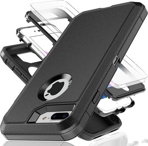 حافظة لهاتف iPhone 7 Plus، حافظة iPhone 8 Plus مع طبقة مقاومة للانفجار [عبوة من قطعتين]، غطاء صلب مقاوم للصدمات من مادة TPU 3 في 1 مقاوم للصدمات لهاتف iPhone 7 Plus، iPhone 8 Plus، أسود in Kuwait