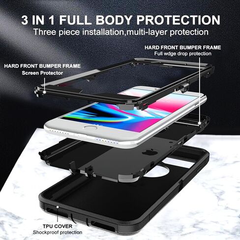 حافظة لهاتف iPhone 7 Plus، حافظة iPhone 8 Plus مع طبقة مقاومة للانفجار [عبوة من قطعتين]، غطاء صلب مقاوم للصدمات من مادة TPU 3 في 1 مقاوم للصدمات لهاتف iPhone 7 Plus، iPhone 8 Plus، أسود in Kuwait