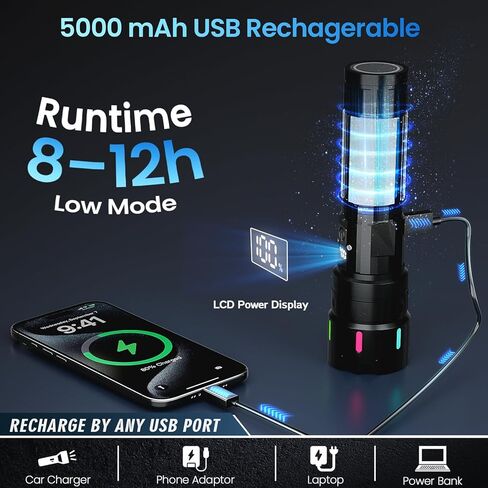 Rechargeable Flashlight High Lumens 90,000,5 Modes Super Bright LED Flash light with Magnetic Tail,high powered 1000m Long Range linternas,Strong USB C LCD Display Torch Light,IPX54 for Camping Hiking in Saudi Arabia