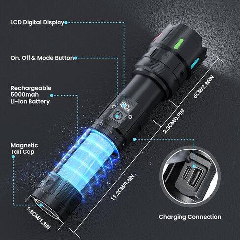 Rechargeable Flashlight High Lumens 90,000,5 Modes Super Bright LED Flash light with Magnetic Tail,high powered 1000m Long Range linternas,Strong USB C LCD Display Torch Light,IPX54 for Camping Hiking in Saudi Arabia