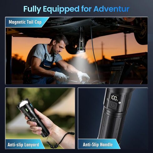 Rechargeable Flashlight High Lumens 90,000,5 Modes Super Bright LED Flash light with Magnetic Tail,high powered 1000m Long Range linternas,Strong USB C LCD Display Torch Light,IPX54 for Camping Hiking in Saudi Arabia