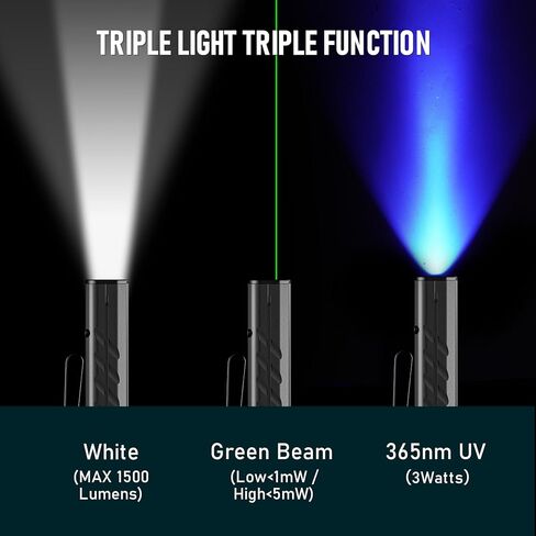 RovyVon Angle Eyes E60 Pocket Flashlight Max Output 1500 Lumens USB-C قابلة للشحن EDC مشاعل، شعاع أخضر، ضوء الأشعة فوق البنفسجية 365 نانومتر، مع أضواء جانبية بيضاء/حمراء/الأشعة فوق البنفسجية، مشبك ثنائي الاتجاه قابل للإزالة (أسود) in Saudi Arabia