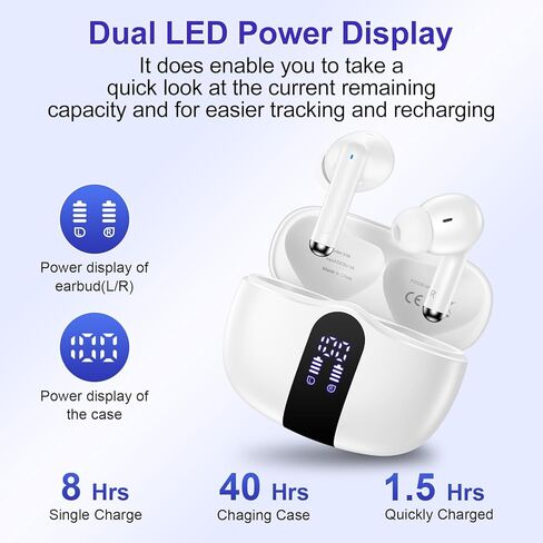 Wireless Ear buds Bluetooth 5.3 Headphones for iPhone 17 Pro Max 17 16E, 40H Playback EarBuds with LED Power Display,Deep Bass Stereo,Earphones with Noise Cancelling Mic for Samsung Galaxy S25 S24 S23 in Saudi Arabia