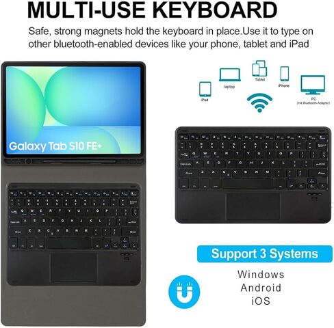 حافظة لوحة مفاتيح لجهاز Samsung Galaxy Tab S10 FE+ Plus مقاس 13.1 بوصة موديل 2025 (SM-X620/X626)، لوحة لمس ذكية، لوحة مفاتيح بلوتوث قابلة للفصل، غطاء حامل رفيع من البولي يوريثان مع حامل قلم S in Kuwait