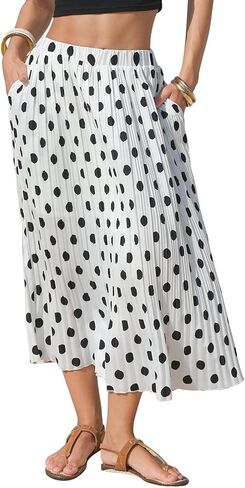 EXLURA Women's High Waist Polka Dot Pleated Midi Swing Pockets Skirt, Green-floral Print, Large in Saudi Arabia