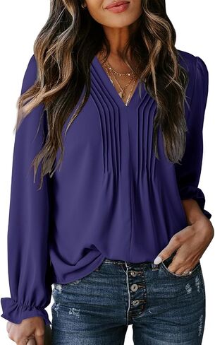 Dokotoo Womens Tops عارضة مطوية الخامس Vuff Puff Long Sleve Thirts Lourd Tunic Bluse in Saudi Arabia