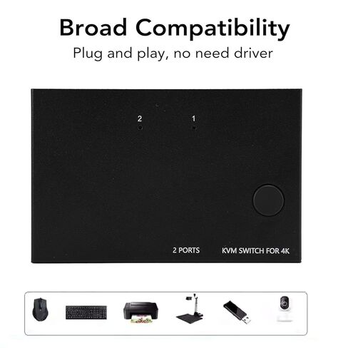 واجهة الوسائط المتعددة عالية الدقة KVM Switch 1 عرض 2 جهاز كمبيوتر، 4 منافذ USB 2.0، 4K 60 هرتز، يدعم نظام التشغيل Chrome لجهازي كمبيوتر لمشاركة طابعة لوحة المفاتيح والماوس in Kuwait