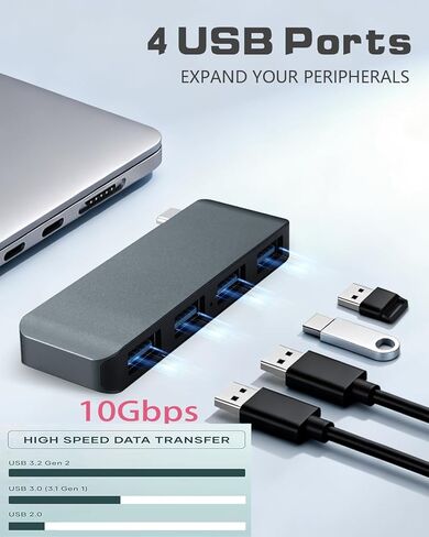 محور USB c متعدد المنافذ مع 4 منافذ USB-A 3.2، سرعة نقل البيانات تصل إلى 10 جيجابت في الثانية، توفر محطة الإرساء من النوع c توافقًا استثنائيًا، متوافق مع أجهزة الكمبيوتر المحمول وSurface وXbox وPS5 وMacBook والمزيد in Kuwait