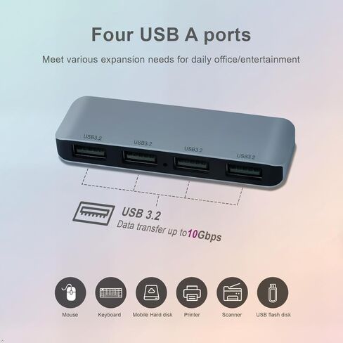 محور USB c متعدد المنافذ مع 4 منافذ USB-A 3.2، سرعة نقل البيانات تصل إلى 10 جيجابت في الثانية، توفر محطة الإرساء من النوع c توافقًا استثنائيًا، متوافق مع أجهزة الكمبيوتر المحمول وSurface وXbox وPS5 وMacBook والمزيد in Kuwait