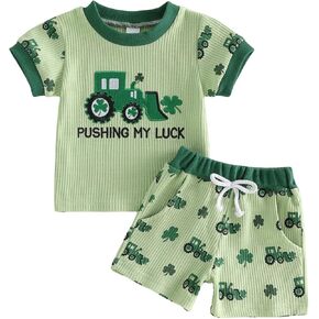 Toddler Baby Boy St Patricks Day Outfit Waffle Short Sleeve Truck Embroidery Tops and Shorts Infant Irish Clothes in Saudi Arabia