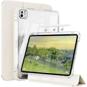 حافظة لجهاز iPad Air 13 بوصة M3/M2 (2025/2024) وPro 12.9 بوصة الجيل السادس/الخامس/الرابع/الثالث 2022/2021/2020/2018 مع حامل أقلام، غطاء منزلق ثلاثي الطي 2 في 1 قابل للفصل مع غطاء خلفي شفاف، أبيض in Kuwait