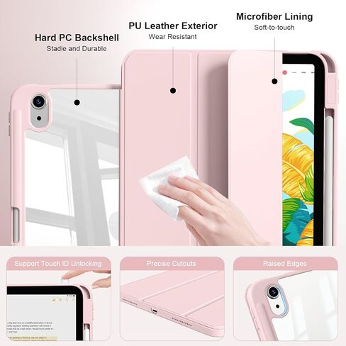 حافظة لجهاز iPad (A16) الجيل الحادي عشر 11 بوصة 2025، حافظة iPad الجيل العاشر 10.9 بوصة 2022 مع حامل أقلام، غطاء مقاوم للصدمات مع غطاء خلفي شفاف، يدعم الاستيقاظ/النوم التلقائي (وردي فاتح) in Kuwait