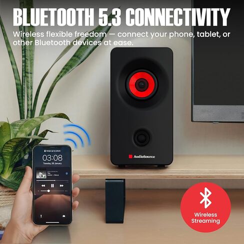 سماعات كمبيوتر سطح المكتب Audiosource مع بلوتوث 5.3، توصيل وتشغيل USB-C، سماعات كمبيوتر ستيريو 2.0 مع برامج تشغيل مزدوجة 2 بوصة، مدخل AUX، مؤشر LED، تصميم مضغوط للكمبيوتر الشخصي والكمبيوتر المحمول والمكتب المنزلي (أسود) in Kuwait