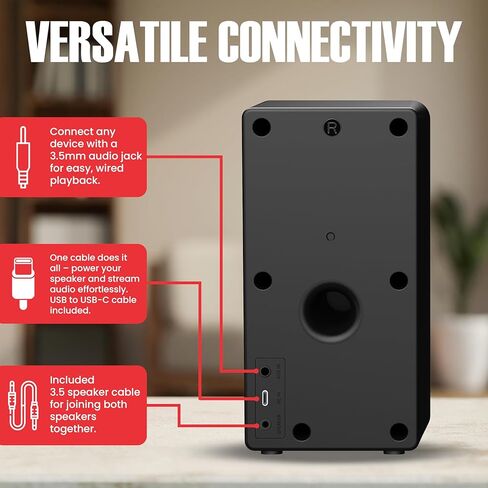 سماعات كمبيوتر سطح المكتب Audiosource مع بلوتوث 5.3، توصيل وتشغيل USB-C، سماعات كمبيوتر ستيريو 2.0 مع برامج تشغيل مزدوجة 2 بوصة، مدخل AUX، مؤشر LED، تصميم مضغوط للكمبيوتر الشخصي والكمبيوتر المحمول والمكتب المنزلي (أسود) in Kuwait