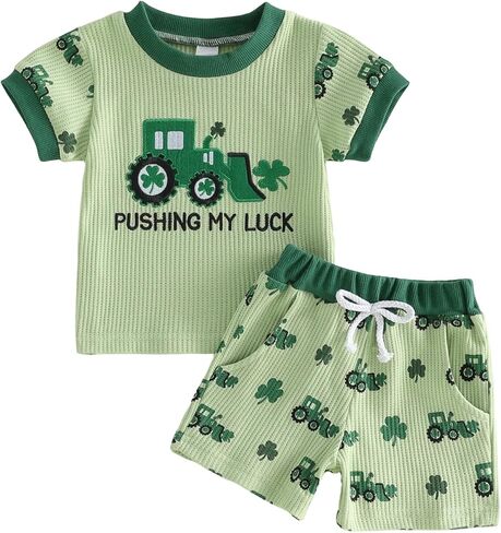 Toddler Baby Boy St Patricks Day Outfit Waffle Short Sleeve Truck Embroidery Tops and Shorts Infant Irish Clothes in Saudi Arabia