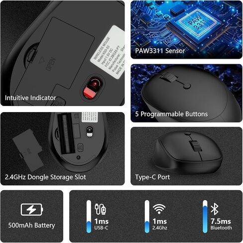 ماوس لاسلكي للكمبيوتر المحمول، ماوس كمبيوتر 2.4 جيجا هرتز مع جهاز استقبال USB A، 4 أزرار، ماوس ألعاب بلوتوث صامت مريح لاسلكي 1200/1600/2400 نقطة في البوصة لأجهزة الكمبيوتر المحمول Chromebook PC MacBook iPad Windows Dell in Kuwait