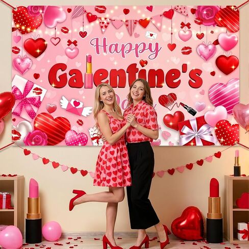 Mocsicka Happy Galentine's Day Banner Backdrop Galentines Day Decorations Backdrop Red Pink Hearts Galentine Girls Party Decor Background Galentine's Day Party Decorations 70.8 x 43.3 Inch in Saudi Arabia