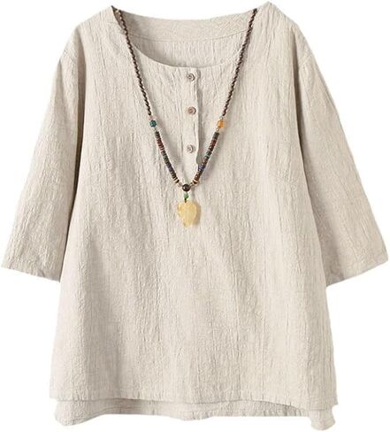 Minibee Women's 3/4 Sleeve Cotton Linen Jacquard Blouses Top T-Shirt in Saudi Arabia