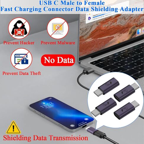 QIANRENON USB C محول حماية البيانات PD140W USB نوع C ذكر إلى أنثى موصل شحن سريع 28V5A، Al Housing، حماية مادية لبيانات Lsolate، لمنع تسرب بيانات الهواتف اللوحية، 4 قطع in Kuwait