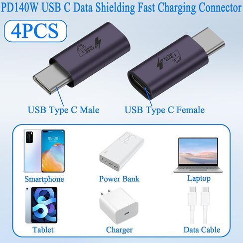 QIANRENON USB C محول حماية البيانات PD140W USB نوع C ذكر إلى أنثى موصل شحن سريع 28V5A، Al Housing، حماية مادية لبيانات Lsolate، لمنع تسرب بيانات الهواتف اللوحية، 4 قطع in Kuwait