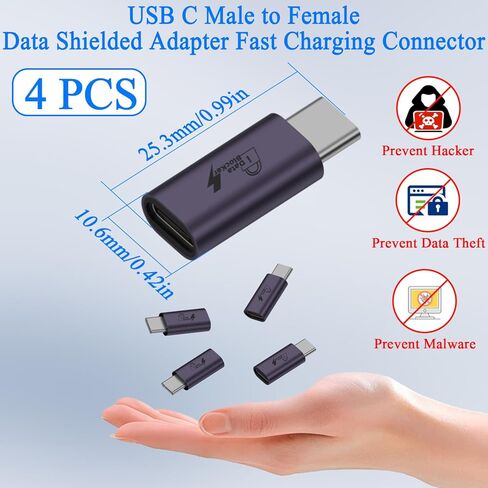 QIANRENON USB C محول حماية البيانات PD140W USB نوع C ذكر إلى أنثى موصل شحن سريع 28V5A، Al Housing، حماية مادية لبيانات Lsolate، لمنع تسرب بيانات الهواتف اللوحية، 4 قطع in Kuwait