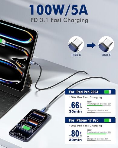 كابل USB C 100 واط لسلسلة iPhone 17 [عبوتان، 6FT] كابل USB C إلى USB C شحن سريع سلك مجدول من النايلون من النوع C لأجهزة MacBook Pro/Air، iPad Pro، Samsung، Pixel in Kuwait