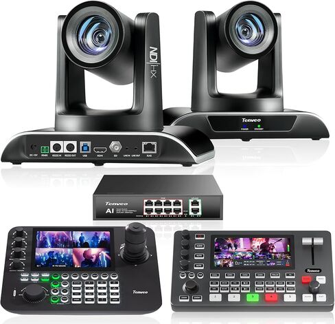 مجموعة/أطقم كاميرا Tenveo PTZ - كاميرا PTZ للتتبع التلقائي 30X NDI AI (قطعتان) مع SDI/HDMI/USB3.0/LAN(PoE)، وحدة تحكم عصا التحكم NDI PTZ، وخلاط محول فيديو 4K HDMI +SDI ومفتاح 8 منافذ Gigabit PoE in Kuwait