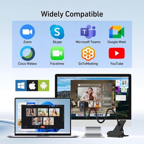 كاميرا ويب ذات شاشة مركزية بدقة 4K مع ميكروفون، وتركيز تلقائي لكاميرا ويب ذات شاشة وسطية بدقة 4K ومحول USB من النوع C/A، وتوصيل وتشغيل الكاميرا على مستوى العين (مشبك) in Saudi Arabia