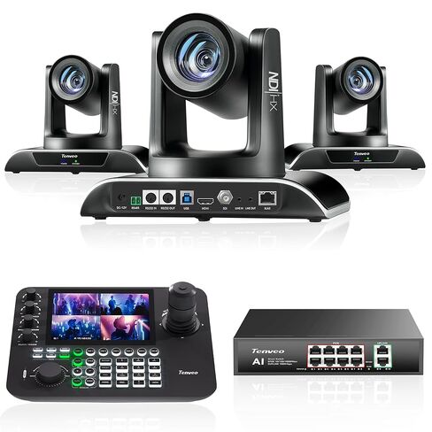 مجموعة/أطقم كاميرا Tenveo PTZ - 30X NDI AI Auto Tracking 3G-SDI/HDMI/USB3.0/LAN(PoE) PTZ (*3)، وحدة تحكم عصا التحكم NDI PTZ رباعية الشاشات مقاس 7 بوصات ومفتاح Gigabit PoE بـ 8 منافذ للبث المباشر in Kuwait