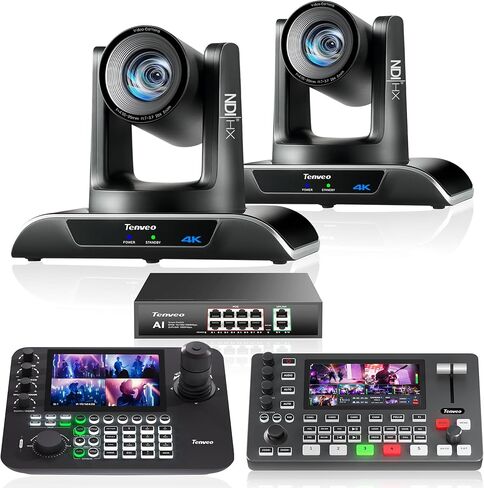 مجموعة/مجموعات Tenveo PTZ - كاميرا NDI PTZ للتتبع التلقائي بدقة 4K 20X (*2) مع HDMI/USB3.0/LAN(PoE)، ووحدة تحكم NDI ذات شاشة LCD رباعية مقاس 7 بوصات، ومحول فيديو 4K HDMI + SDI ومحول Gigabit PoE بـ 8 منافذ in Saudi Arabia