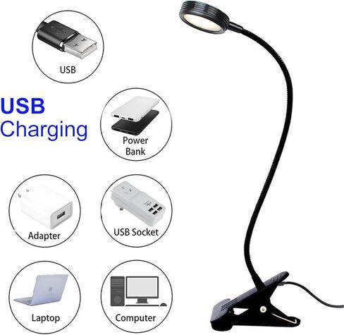 مصباح بمشبك على المكتب، ضوء للقراءة، مصباح للقراءة، ضوء USB مرن على شكل رقبة معقوفة، ضوء كتاب للأطفال الذين يقرؤون كتابًا في السرير ليلاً، مشبك على الطاولة، اللوح الأمامي، مسكن (أسود، مفتاح اللباقة 8 وات) in Kuwait
