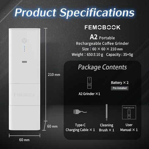 مطحنة قهوة كهربائية محمولة من Femobook-A2، مطحنة قهوة لاسلكية قابلة لإعادة الشحن عبر USB، كوب أرضي مغناطيسي لصب الإسبريسو أثناء السفر والتخمير المنزلي، أسود in Saudi Arabia