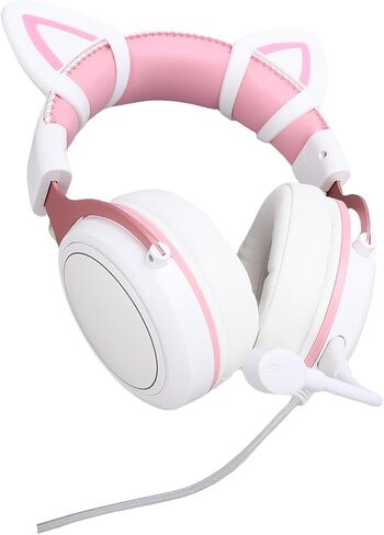 Cuifati Gaming Headset Wired, RGB Luminous Gaming Headphones with Mic, Noise Reduction, 50mm Drivers, Over Ear Headphones for & Work, Soft Memory Foam Ear Cup (White Pink with Cat Ears Decor) in Saudi Arabia