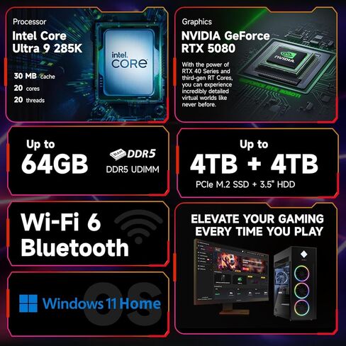 كمبيوتر مكتبي للألعاب HP Omen 45L RTX 5080، Intel Ultra 9 285K، NVIDIA RTX 5080، ذاكرة الوصول العشوائي DDR5 سعة 64 جيجابايت، 4 تيرابايت SSD + 4 تيرابايت HDD، RGB Light Studio، DP، RJ-45، حزمة مع لوحة مفاتيح الألعاب Thunderobot KG3089R in Kuwait
