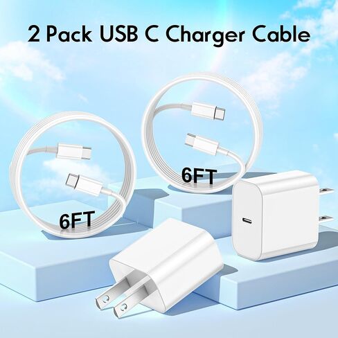 شاحن iPhone 17، 2 حزمة شاحن 20 وات من النوع C شحن سريع مع كابل شاحن USB C بطول 6 أقدام لهاتف iPhone17/ 17 air/ 17 Pro/ 17 Pro Max، شاحن iPhone 16 Pro Max/ 15 Pro Max، iPad 12.9/11، iPad Air/Pro in Kuwait