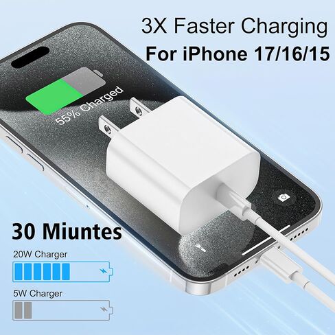 شاحن iPhone 17، 2 حزمة شاحن 20 وات من النوع C شحن سريع مع كابل شاحن USB C بطول 6 أقدام لهاتف iPhone17/ 17 air/ 17 Pro/ 17 Pro Max، شاحن iPhone 16 Pro Max/ 15 Pro Max، iPad 12.9/11، iPad Air/Pro in Kuwait
