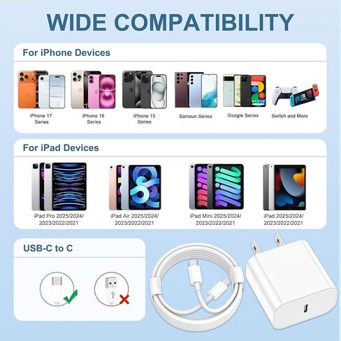 شاحن iPhone 17، 2 حزمة شاحن 20 وات من النوع C شحن سريع مع كابل شاحن USB C بطول 6 أقدام لهاتف iPhone17/ 17 air/ 17 Pro/ 17 Pro Max، شاحن iPhone 16 Pro Max/ 15 Pro Max، iPad 12.9/11، iPad Air/Pro in Kuwait