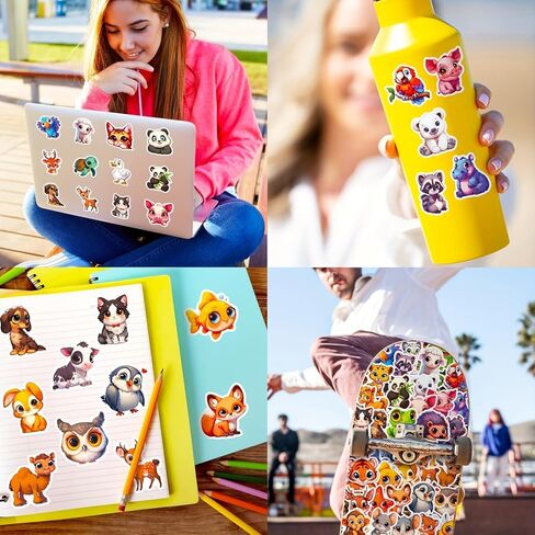 100PCS Cute Cartoon Animal Stickers - Vibrant, Big-Eyed Pets for Laptops, Cars, Skateboards | Reusable, Self-Adhesive, Irregular Shapes | Ideal for Teens & Adults, Winter & New Year in Saudi Arabia