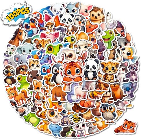 100PCS Cute Cartoon Animal Stickers - Vibrant, Big-Eyed Pets for Laptops, Cars, Skateboards | Reusable, Self-Adhesive, Irregular Shapes | Ideal for Teens & Adults, Winter & New Year in Saudi Arabia
