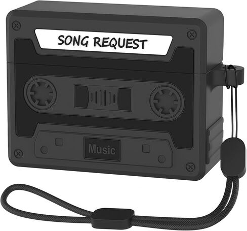 Designer Retro Case Compatible with AirPods 4 2024, Music Cassette Tape Case Cover with Rope, Portable Soft Silicone Wireless Charging Earphone Shockproof Protector for Men Women (Black) in Saudi Arabia