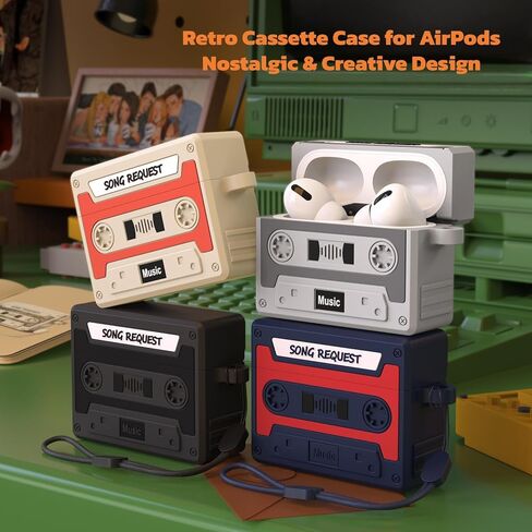 Designer Retro Case Compatible with AirPods 4 2024, Music Cassette Tape Case Cover with Rope, Portable Soft Silicone Wireless Charging Earphone Shockproof Protector for Men Women (Black) in Saudi Arabia