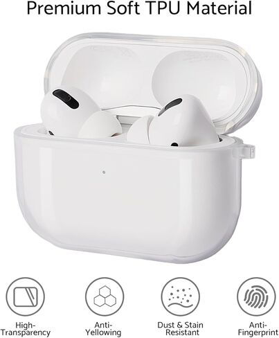 غطاء حافظة KUWATA لجهاز AirPods Pro الجيل الأول والثاني، يأتي مع حبل قصير ومحول Lightning إلى USB-C، مادة TPU ممتازة متوسطة الصلابة، مضاد للاصفرار طويل الأمد، تصميم مضاد للانفصال للغطاء (شفاف) in Kuwait