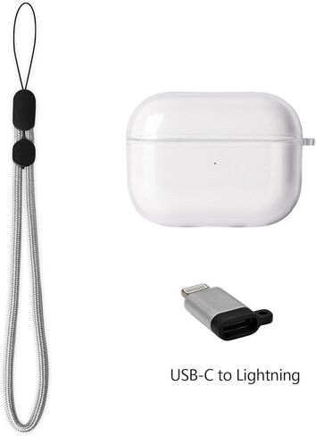 غطاء حافظة KUWATA لجهاز AirPods Pro الجيل الأول والثاني، يأتي مع حبل قصير ومحول Lightning إلى USB-C، مادة TPU ممتازة متوسطة الصلابة، مضاد للاصفرار طويل الأمد، تصميم مضاد للانفصال للغطاء (شفاف) in Kuwait