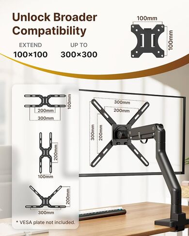 monTEK Monitor Wall Mount & VESA Extension Adapter Bundle, Fits 17"-57" Screens up to 59.4 lbs, Single Heavy-Duty Aluminum Gas Spring Monitor Arm, Includes VESA Extension Adapter to 200x200 & 300x300 in Kuwait