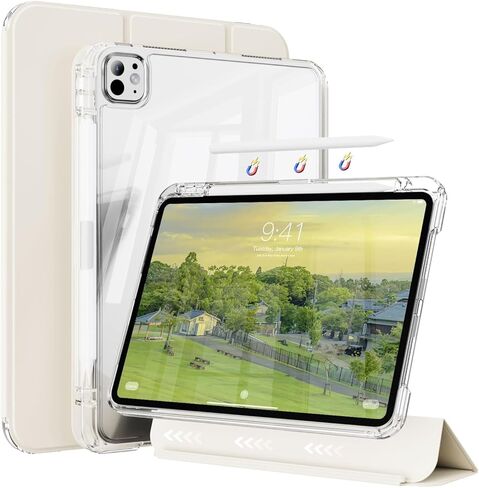 حافظة لجهاز iPad Air 13 بوصة M3/M2 (2025/2024) وPro 12.9 بوصة الجيل السادس/الخامس/الرابع/الثالث 2022/2021/2020/2018 مع حامل أقلام، غطاء منزلق ثلاثي الطي 2 في 1 قابل للفصل مع غطاء خلفي شفاف، أبيض in Kuwait