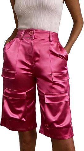 Vaceky Womens Satin Cargo Shorts High Waisted Straight Leg Dressy Casual Shorts in Saudi Arabia