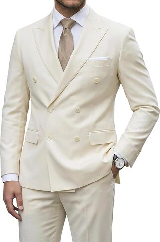 YND Men's Slim Fit 2 Piece Suit, Double Breasted Solid Jacket Pants Set with Tie in Saudi Arabia