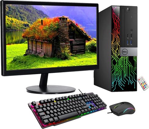 كمبيوتر Dell RGB Lights المخصص مع شاشة 22 بوصة كمبيوتر سطح المكتب OptiPlex i5 6500 8GB RAM 256GB SSD Windows 11 Pro WiFi HDMI (متجدد) in Kuwait