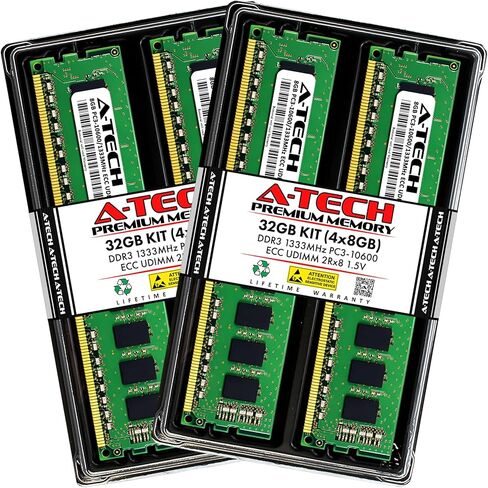 مجموعة A-Tech بسعة 32 جيجابايت (4 × 8 جيجابايت) من ذاكرة الوصول العشوائي لـ Synology DiskStation DS3611xs، DS3612xs | DDR3 1333MHz PC3-10600 ECC-UDIMM 2Rx8 1.5V ECC ترقية ذاكرة الخادم غير المخزنة in Kuwait